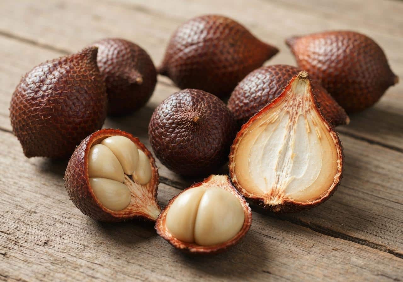 Fruits salak entiers et ouverts sur surface en bois