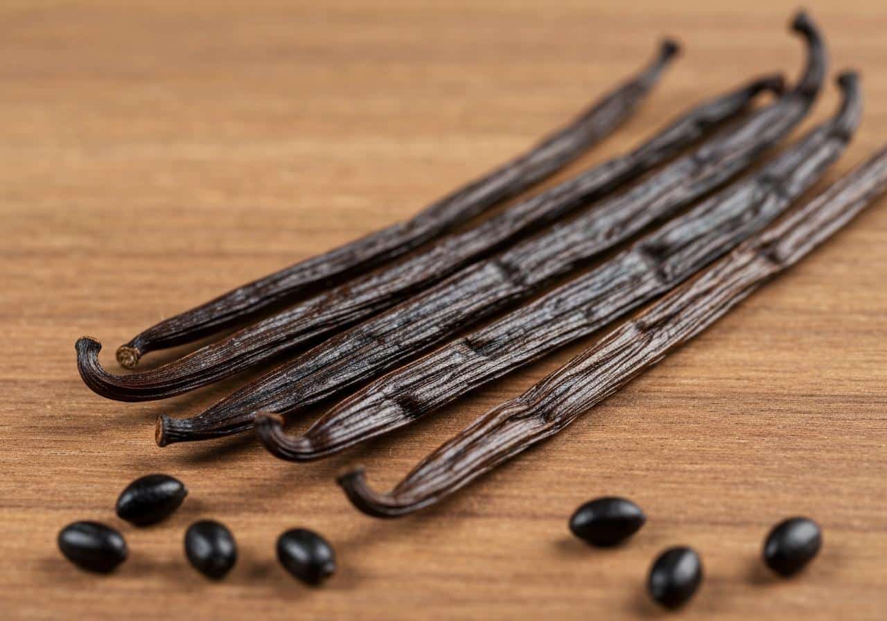 Gousses de vanille noires sur fond de bois naturel