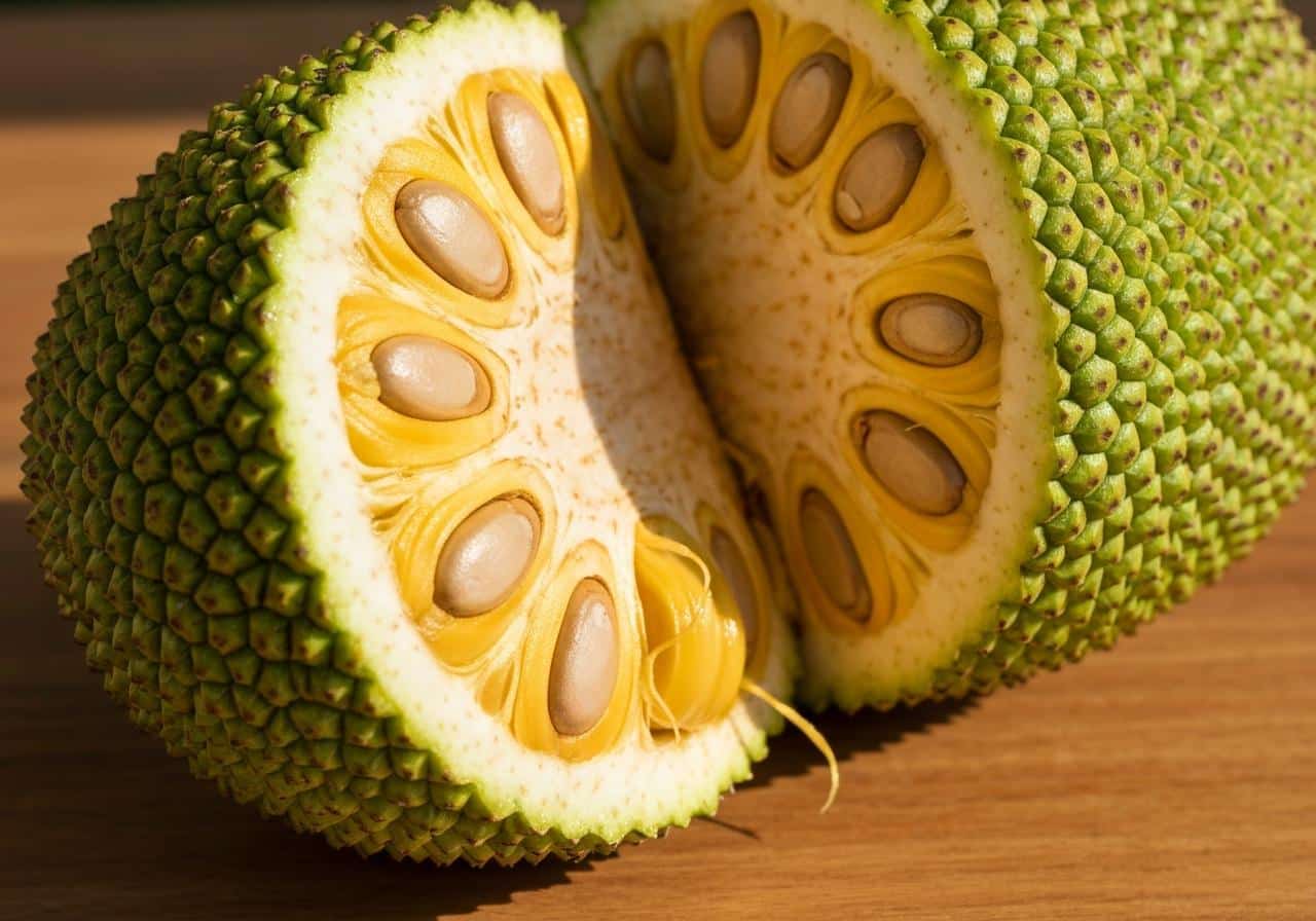 Jackfruit entier et ouvert sur fond bois