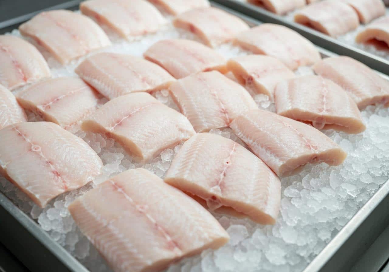 Tronçons de roussette frais sans peau sur étal poissonnier