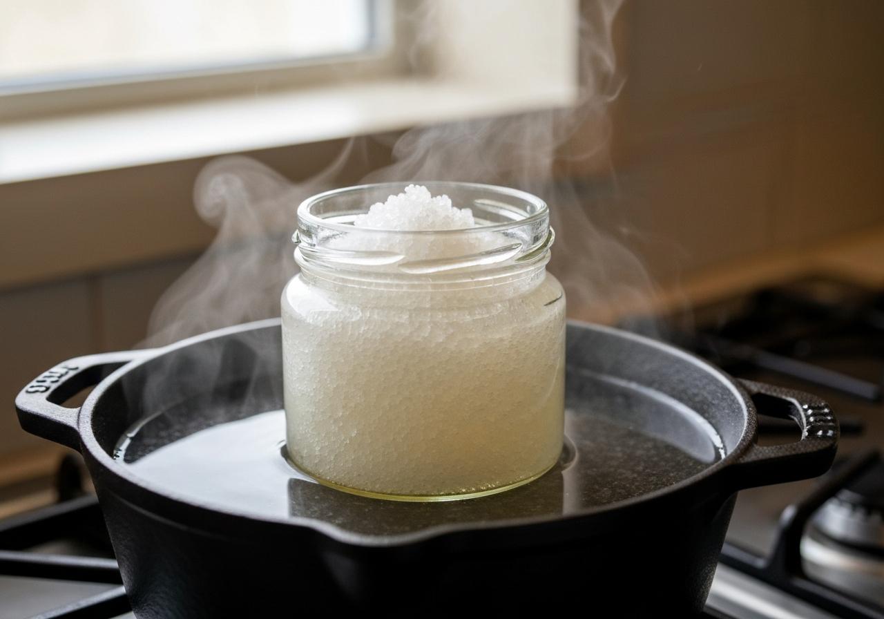 Bocal de miel cristallisé dans un bain-marie sur feu doux