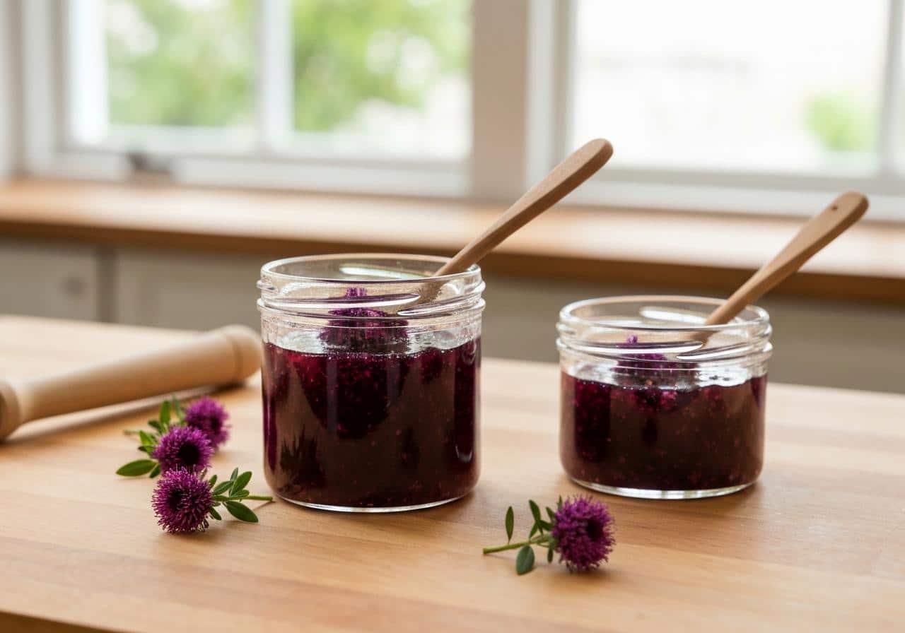 Bocaux de confiture de myrtilles maison sur plan de travail en bois