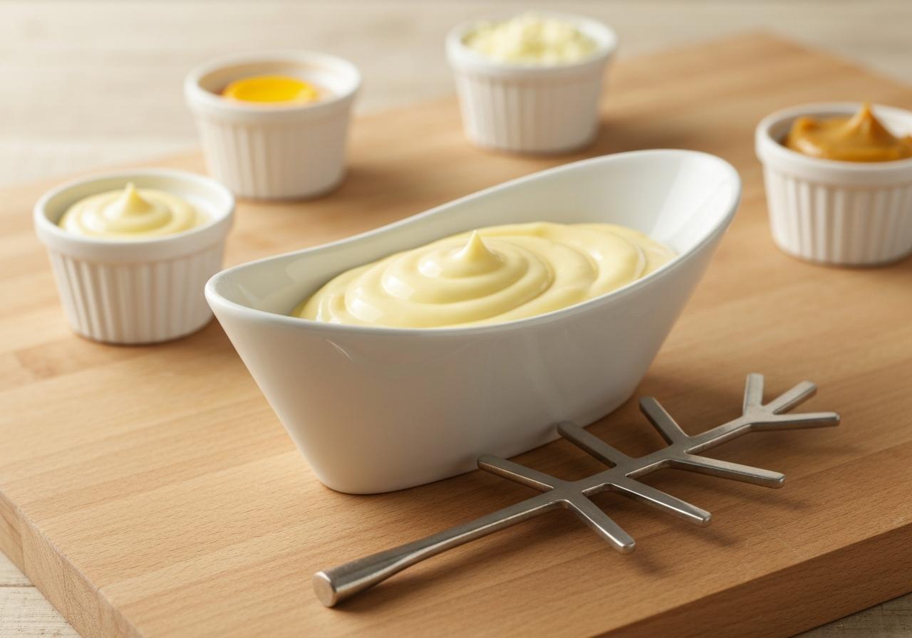 Bol de mayonnaise maison avec fouet en cuisine