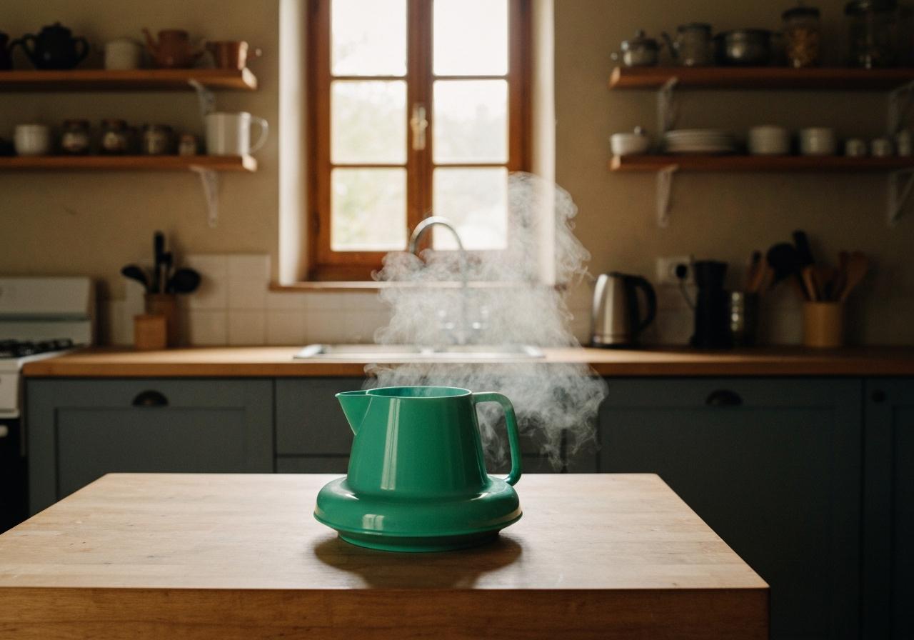 Cocotte en fonte fermée sur plan de travail en cuisine rustique