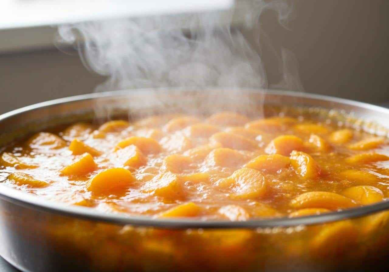 Confiture d'abricots en train de cuire dans une casserole