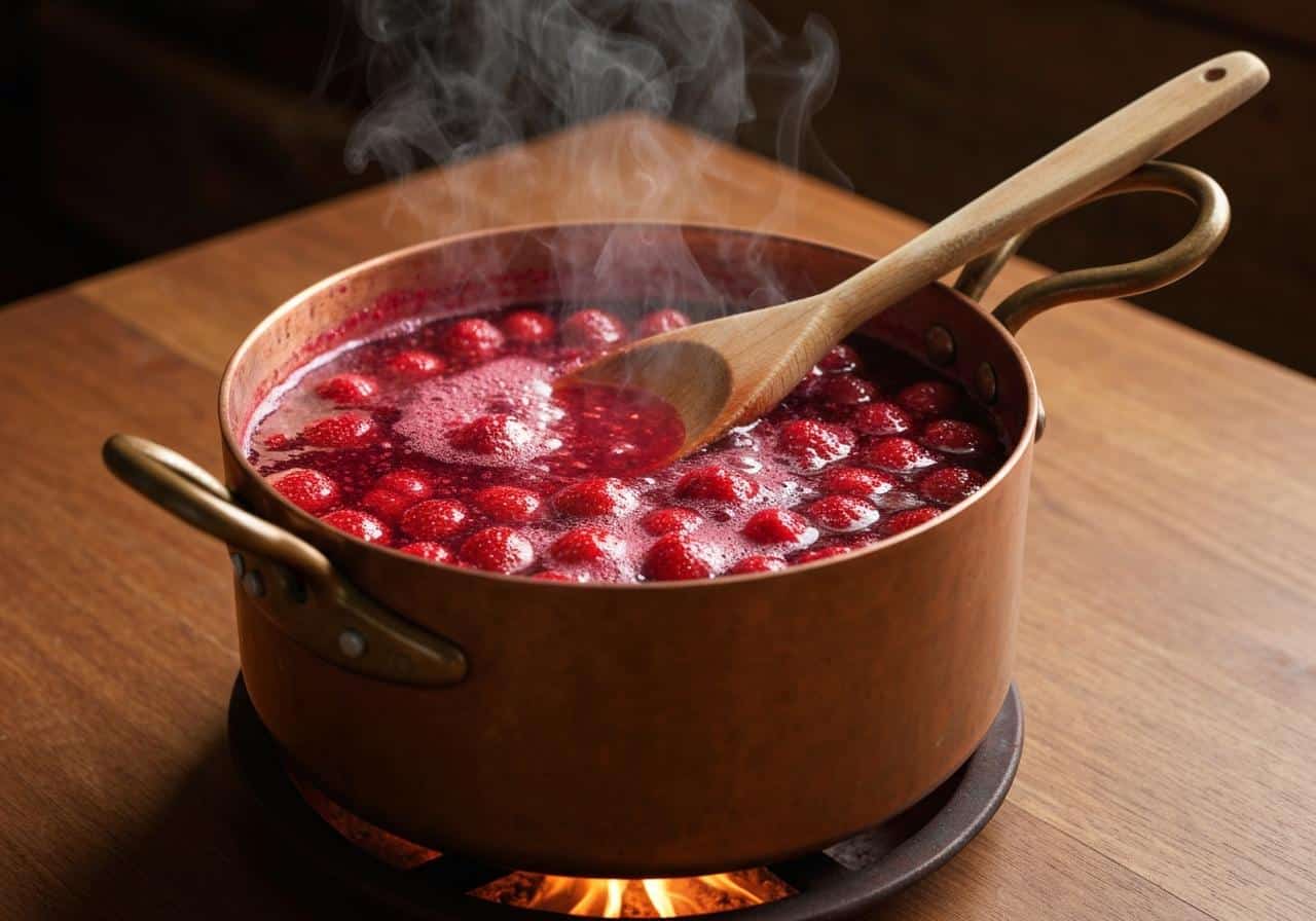 Confiture de fruits rouges en cours de cuisson dans une bassine en cuivre