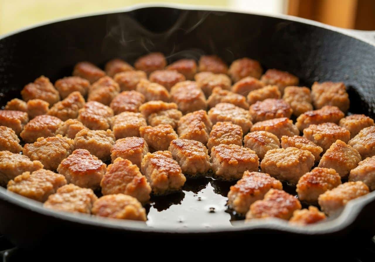 Crépinettes dorées en cuisson dans une poêle