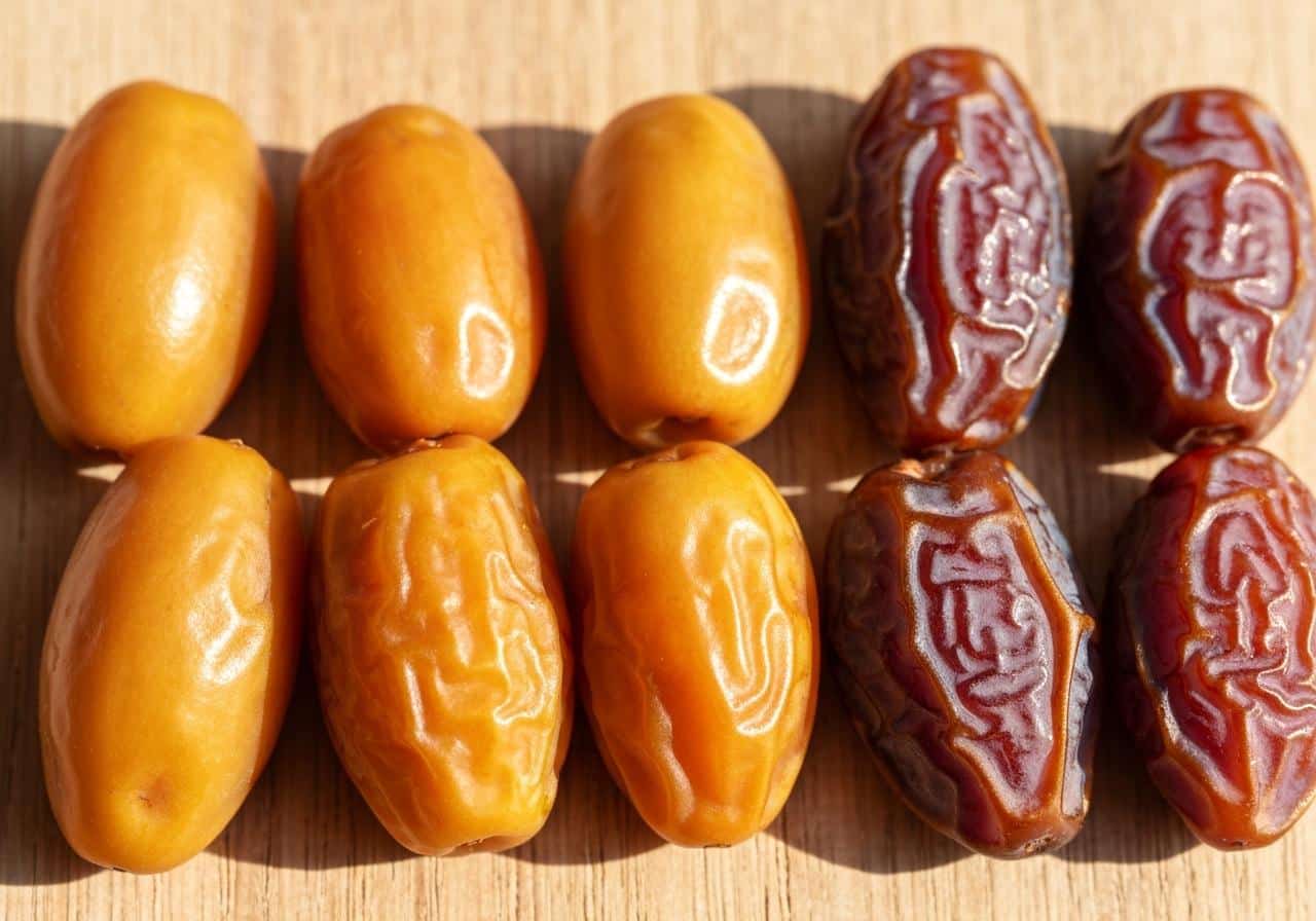 Dattes Medjool et Deglet Nour sur fond naturel