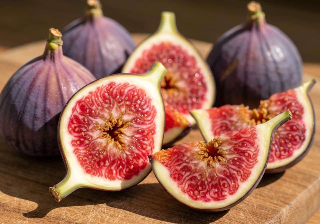 Figues violettes mûres coupées en quartiers sur bois