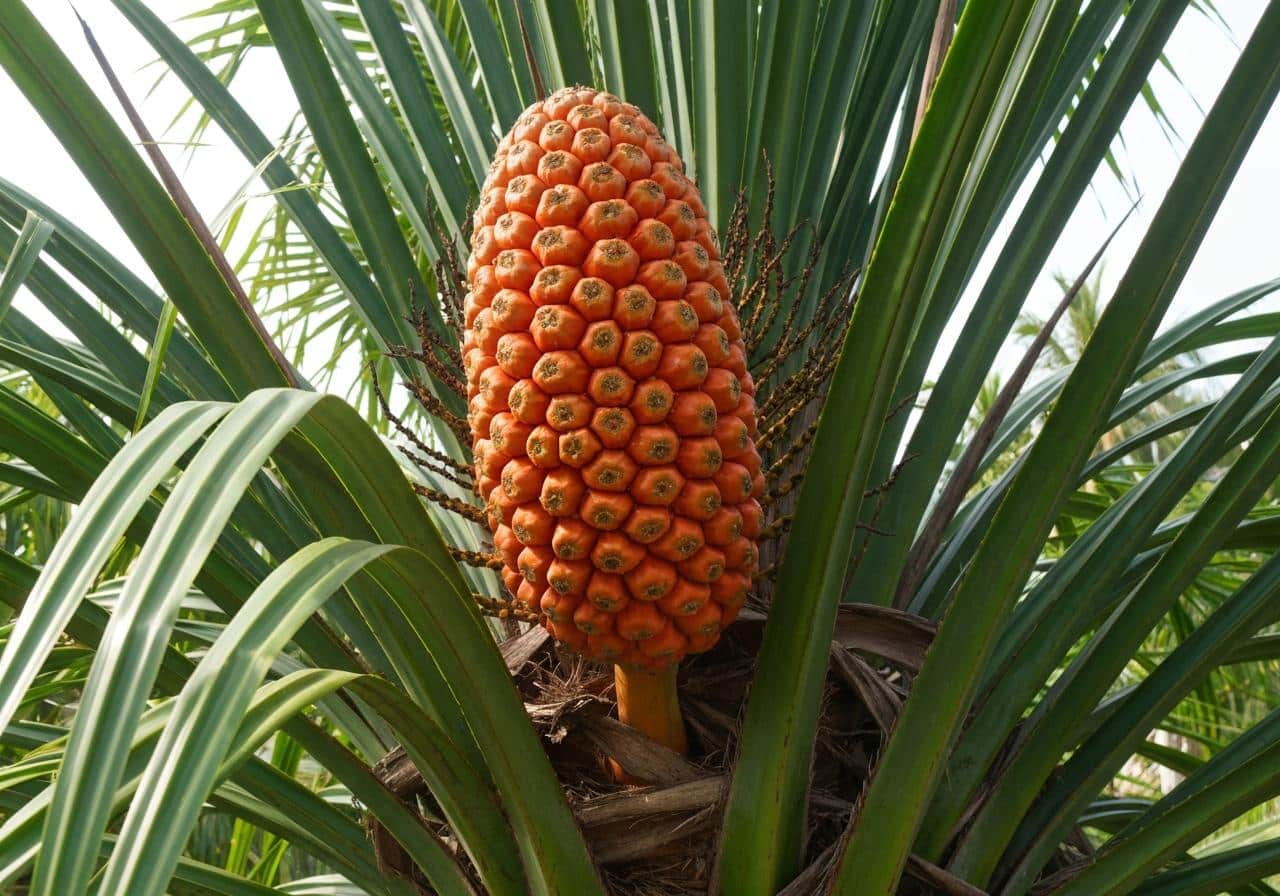 Fruit hala pandanus mûr sur tige, couleur orange vif