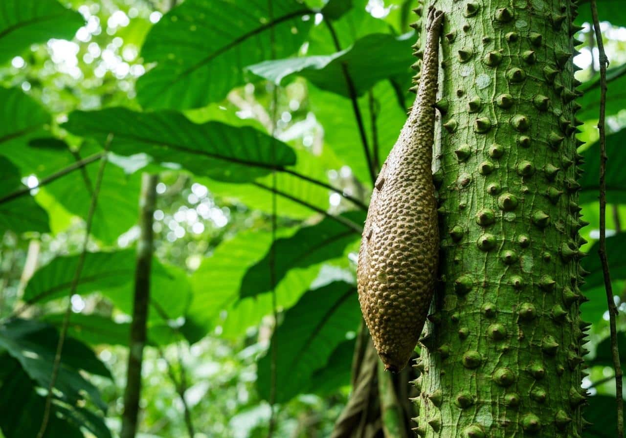 Jacquier vert épineux sur tronc d'arbre tropical