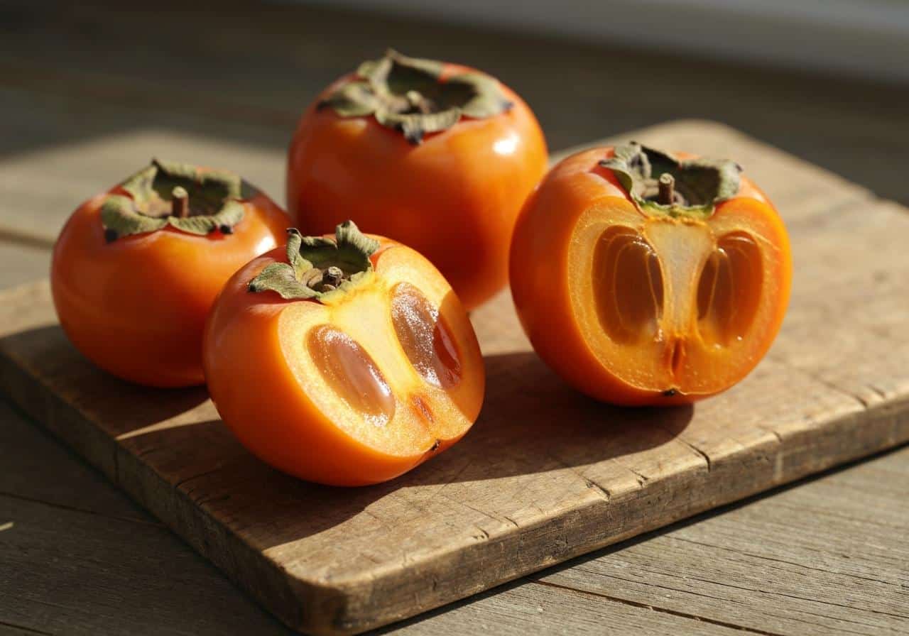 Kakis blets orange vif sur surface en bois