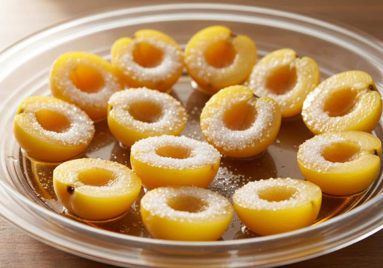 Mirabelles en macération dans un saladier avec sucre