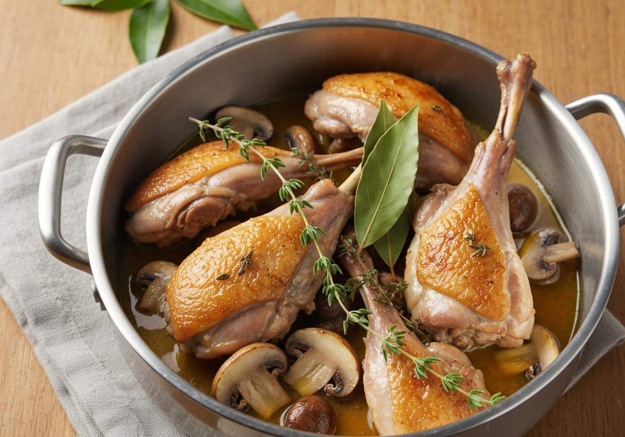 Morceaux de lapin dorés dans une cocotte avec champignons et herbes