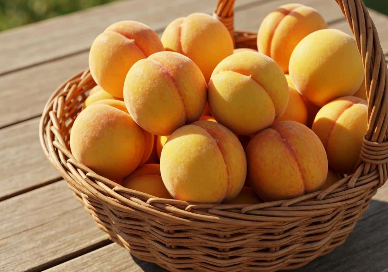 Pêches jaunes mûres dans une corbeille en osier