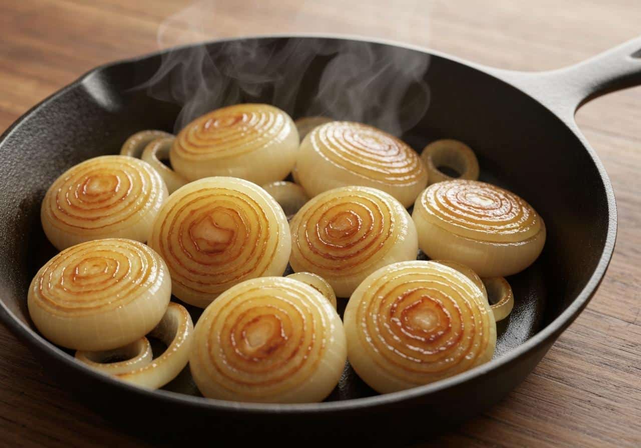 Poêle avec oignons caramélisés dorés fondants
