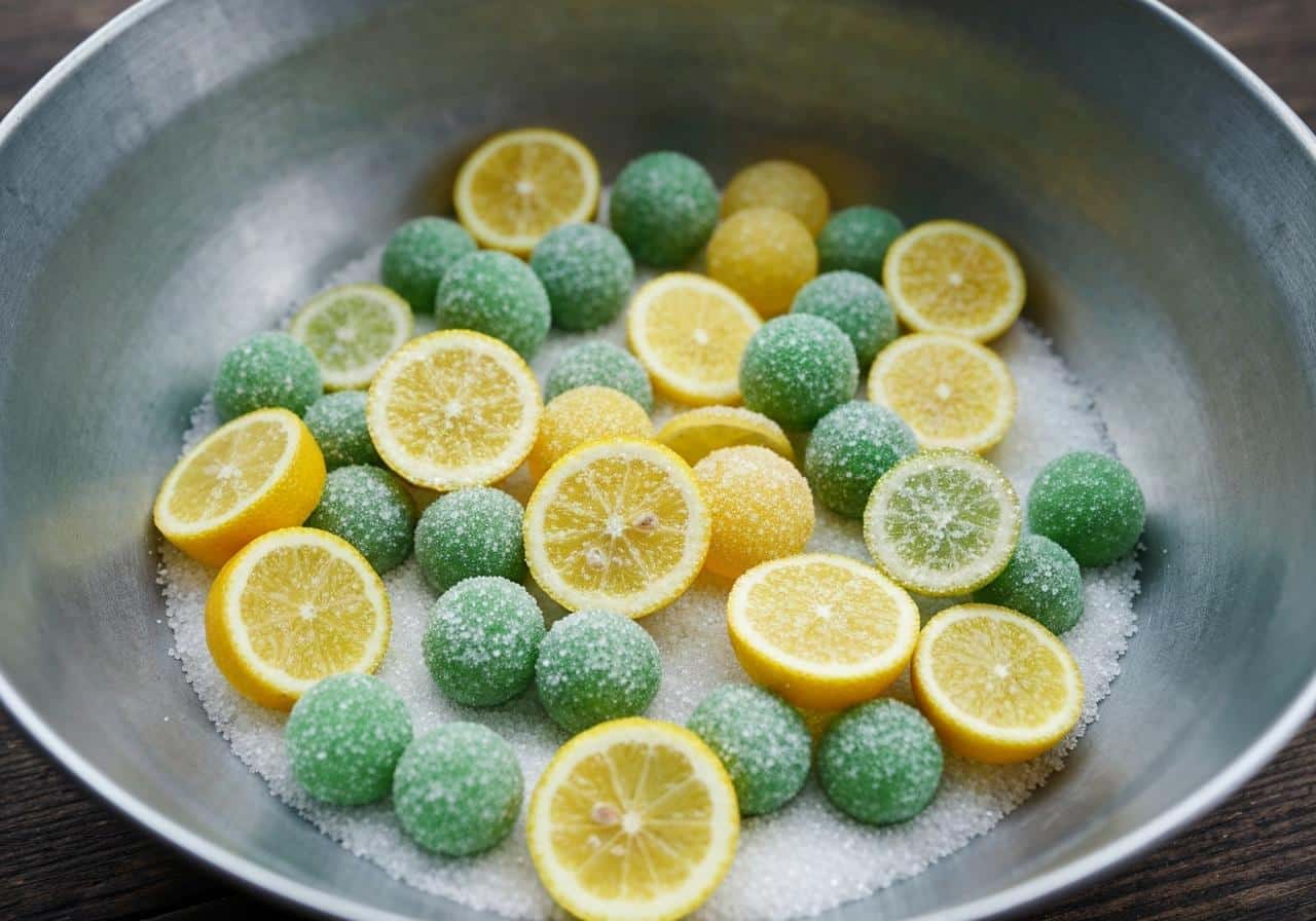 Reines-claudes dénoyautées dans une bassine en cuivre avec sucre