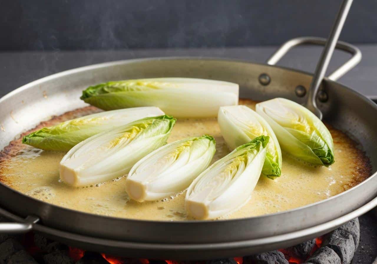 Endives dorées dans une poêle beurrée vue de dessus