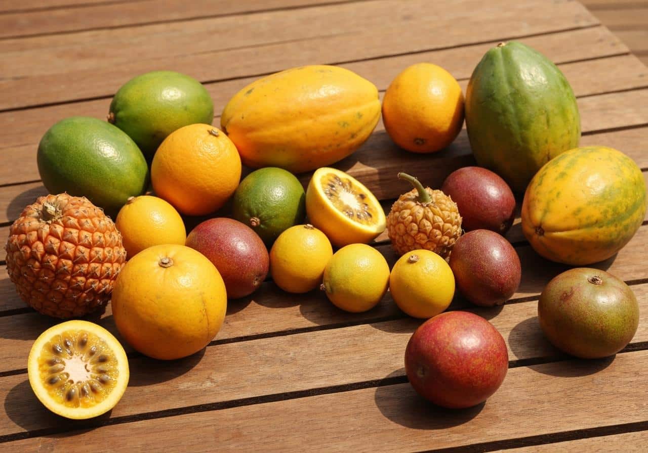 Fruits tropicaux variés posés sur fond naturel