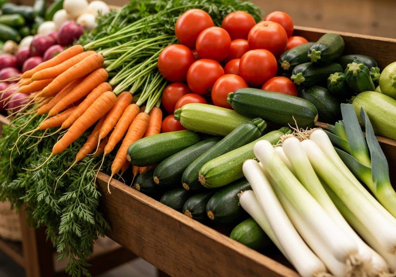 Légumes de saison bio en vrac sur étalage marché
