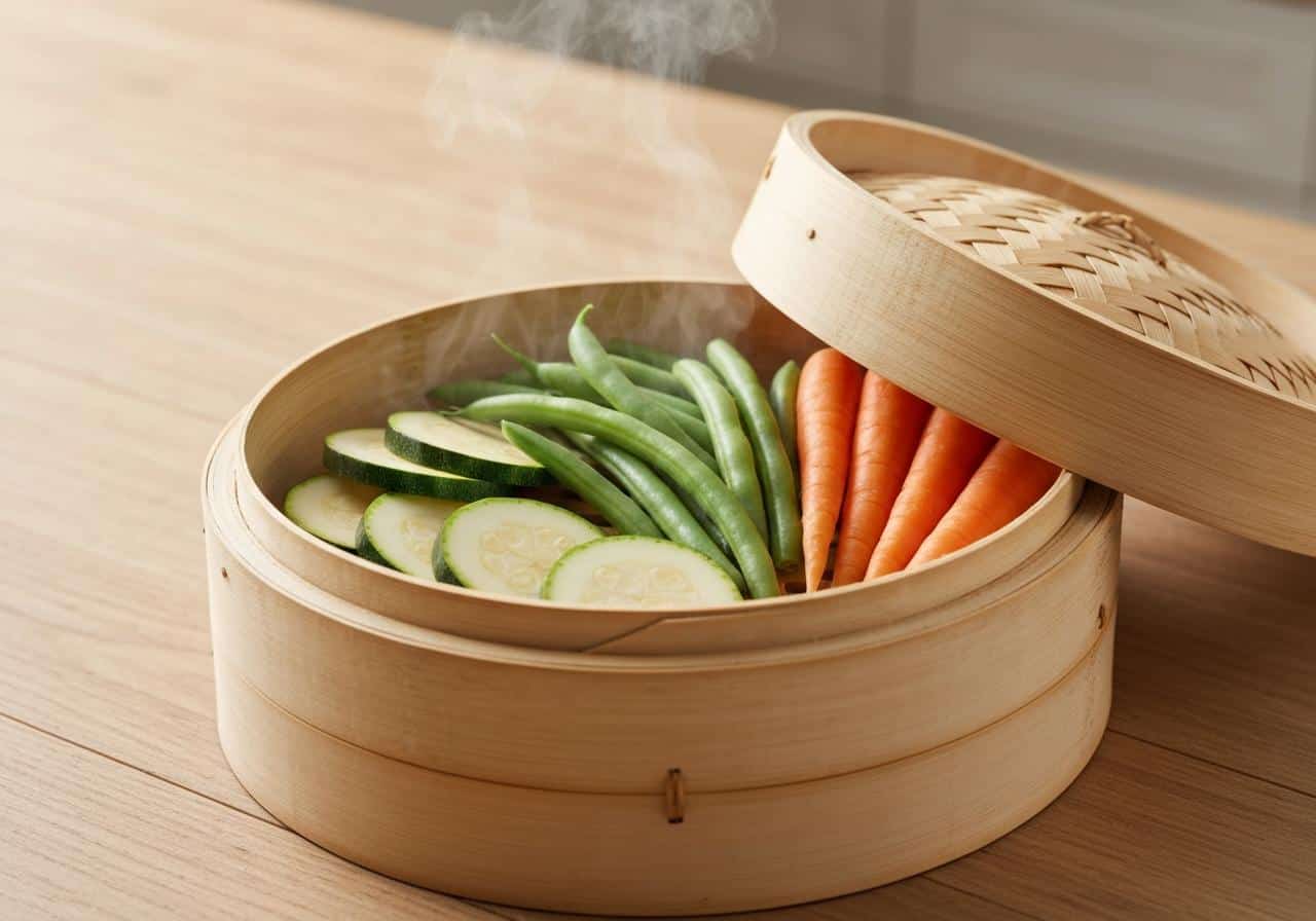 Légumes vapeur dans un panier en bambou