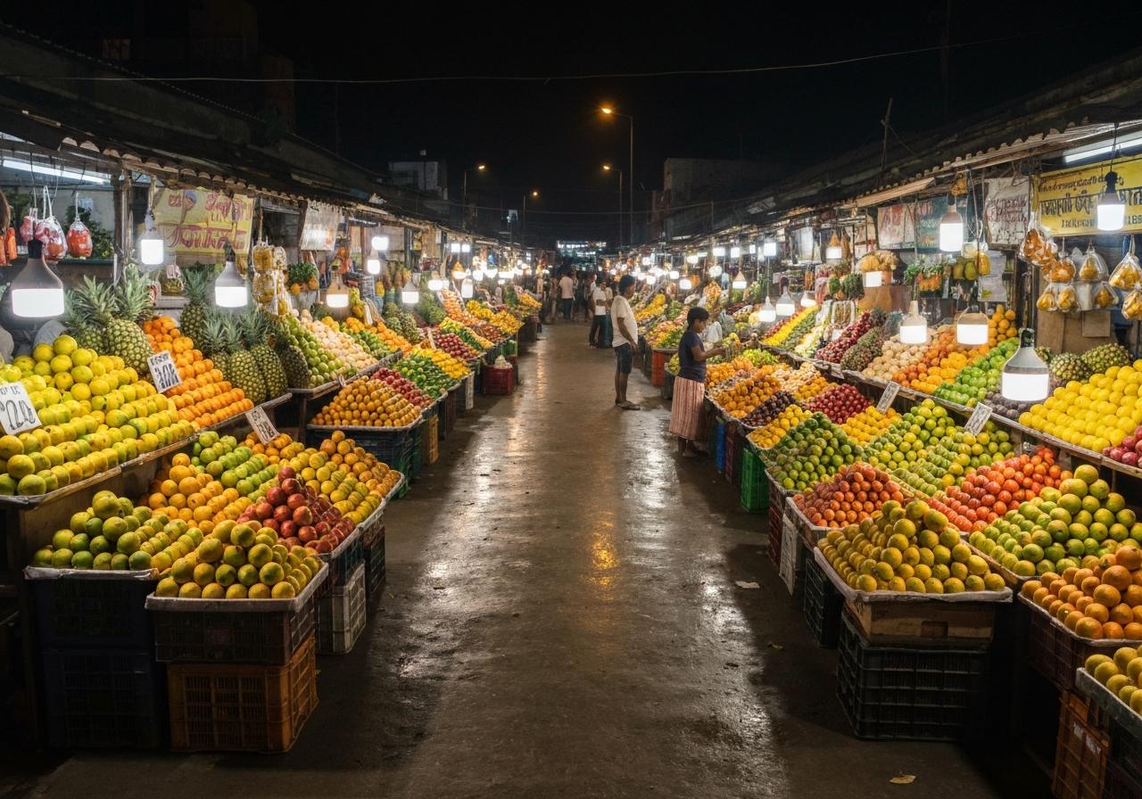 Marché nocturne fruits légumes coloré Inde New Delhi