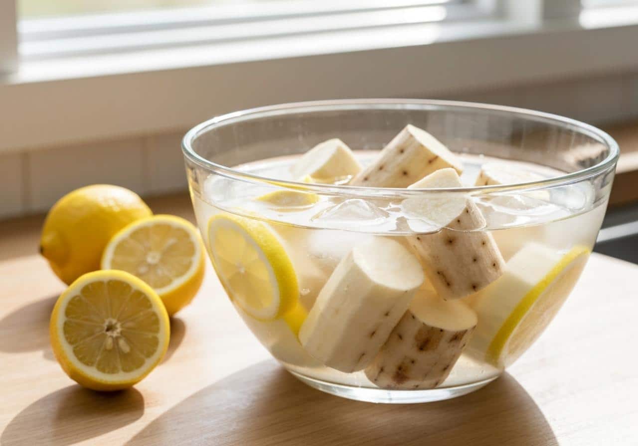 Morceaux d'igname dans eau citronnée saladier