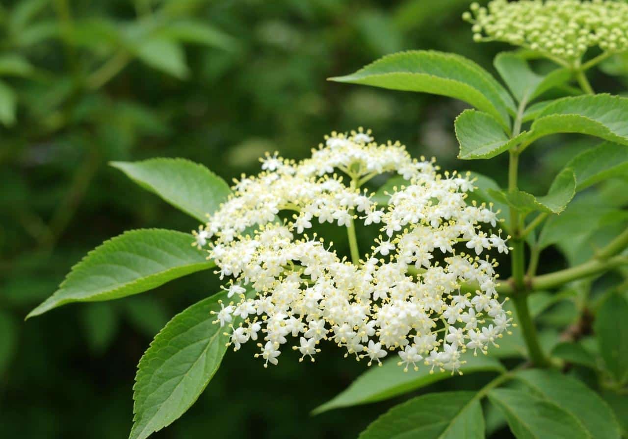 Ombelles de fleurs de sureau blanc crème sur rameau