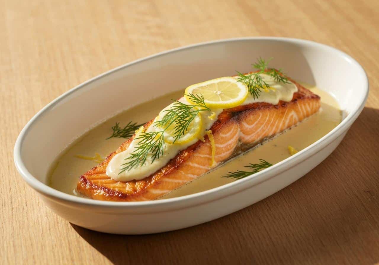Pavé de saumon nappé d'une sauce crème aneth citron