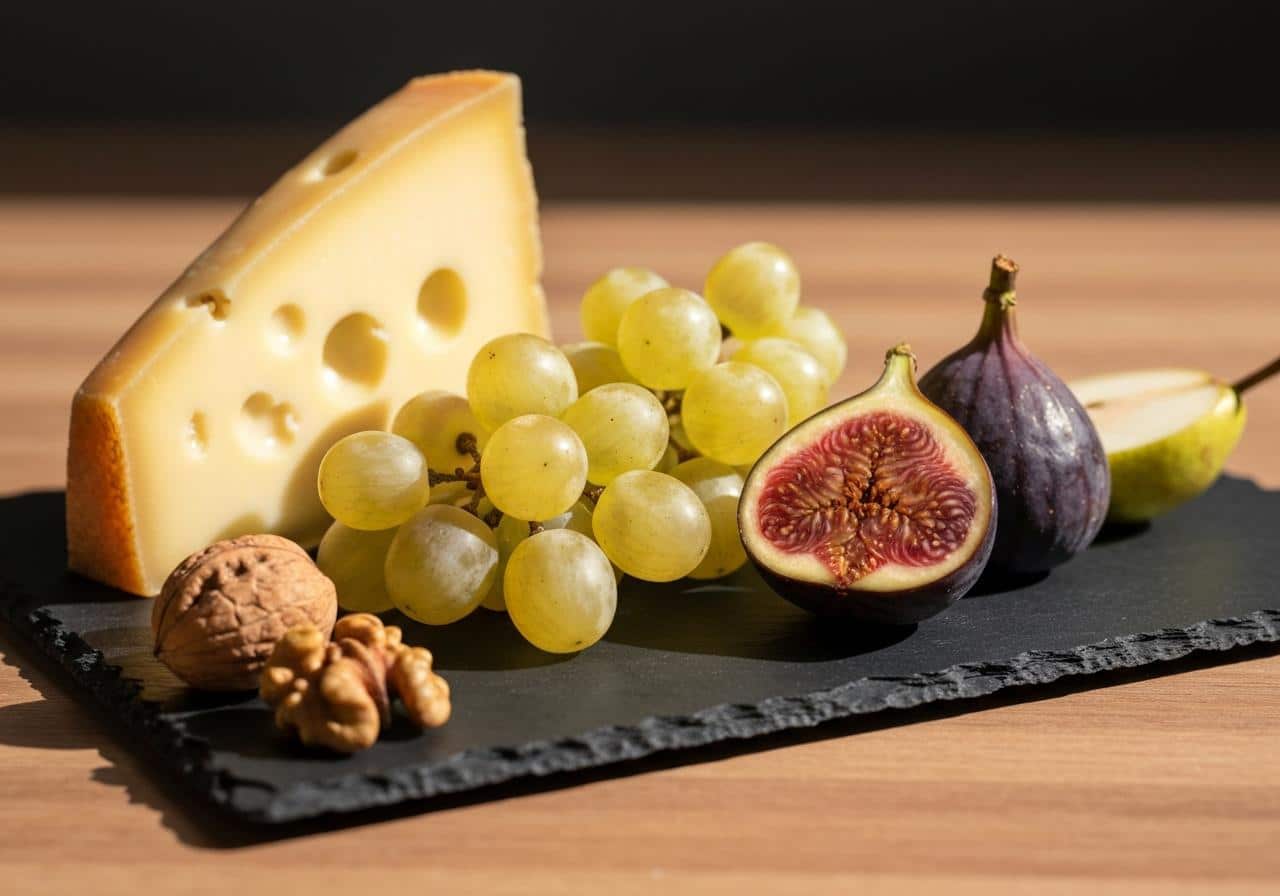 Plateau de comté avec raisins, figues et noix