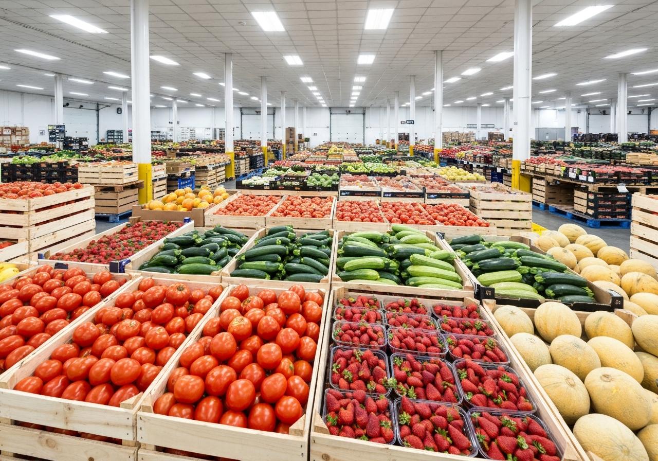 Étal de marché de gros avec caisses de fruits et légumes colorés