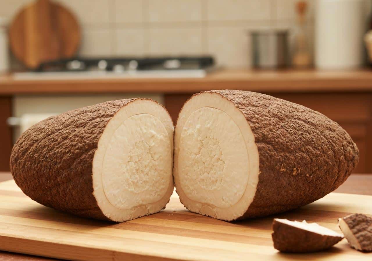 Tubercule igname entier et coupé sur bois