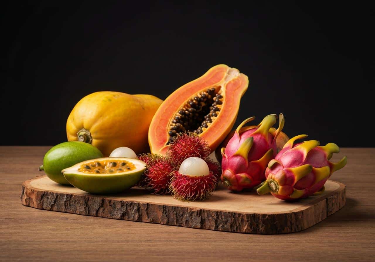 Variété de fruits exotiques colorés disposés sur une surface en bois