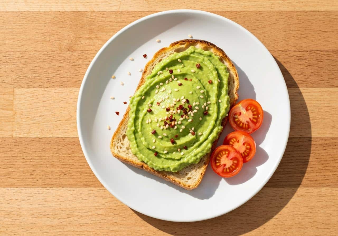Avocado toast garni sur pain grillé, vue de dessus