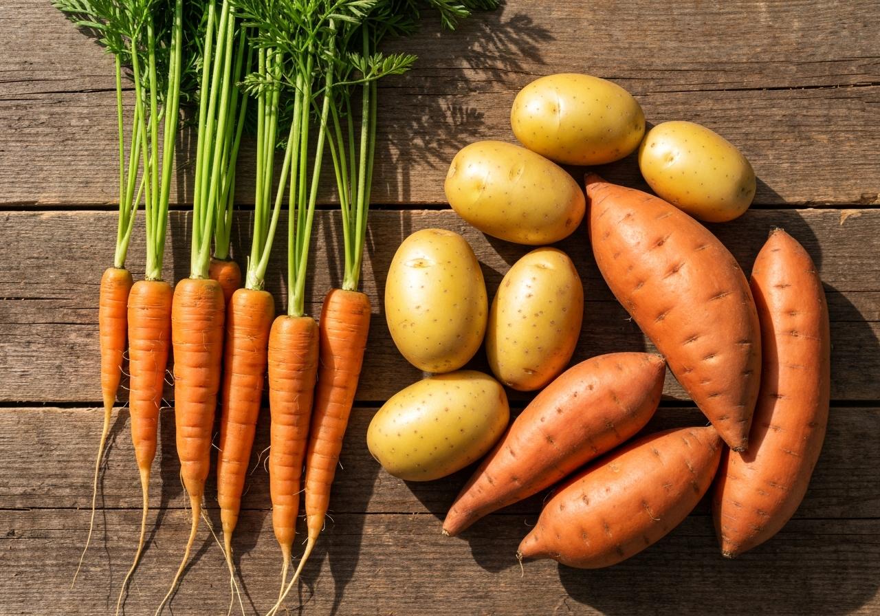 Carottes, pommes de terre et patates douces fraiches sur table en bois