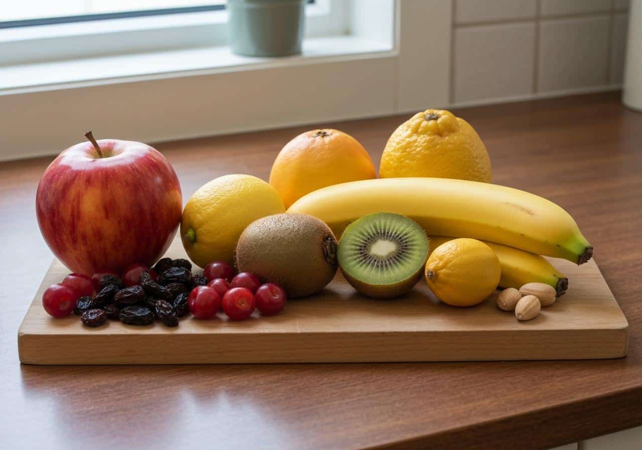 Dix fruits variés disposés sur une surface en bois
