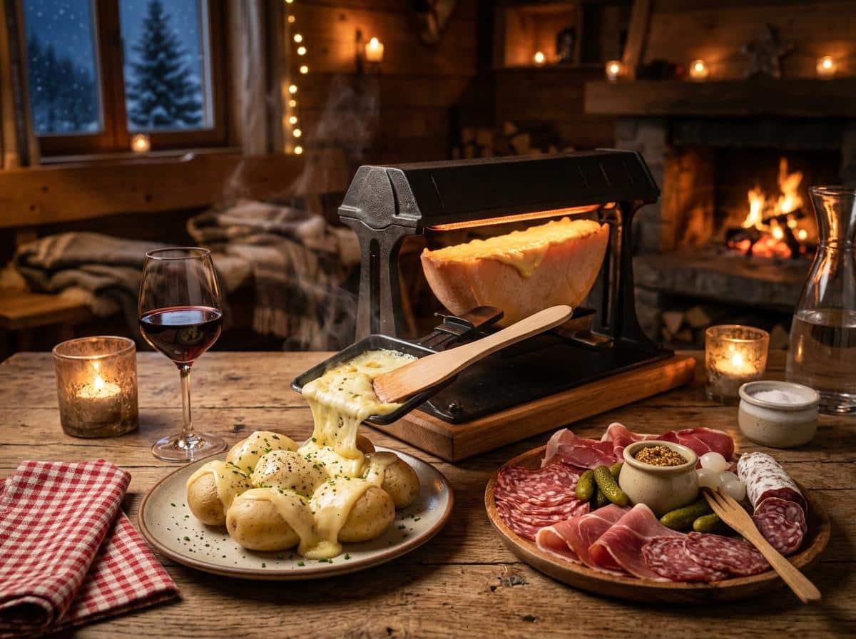 Raclette fromage fondu pommes de terre charcuterie