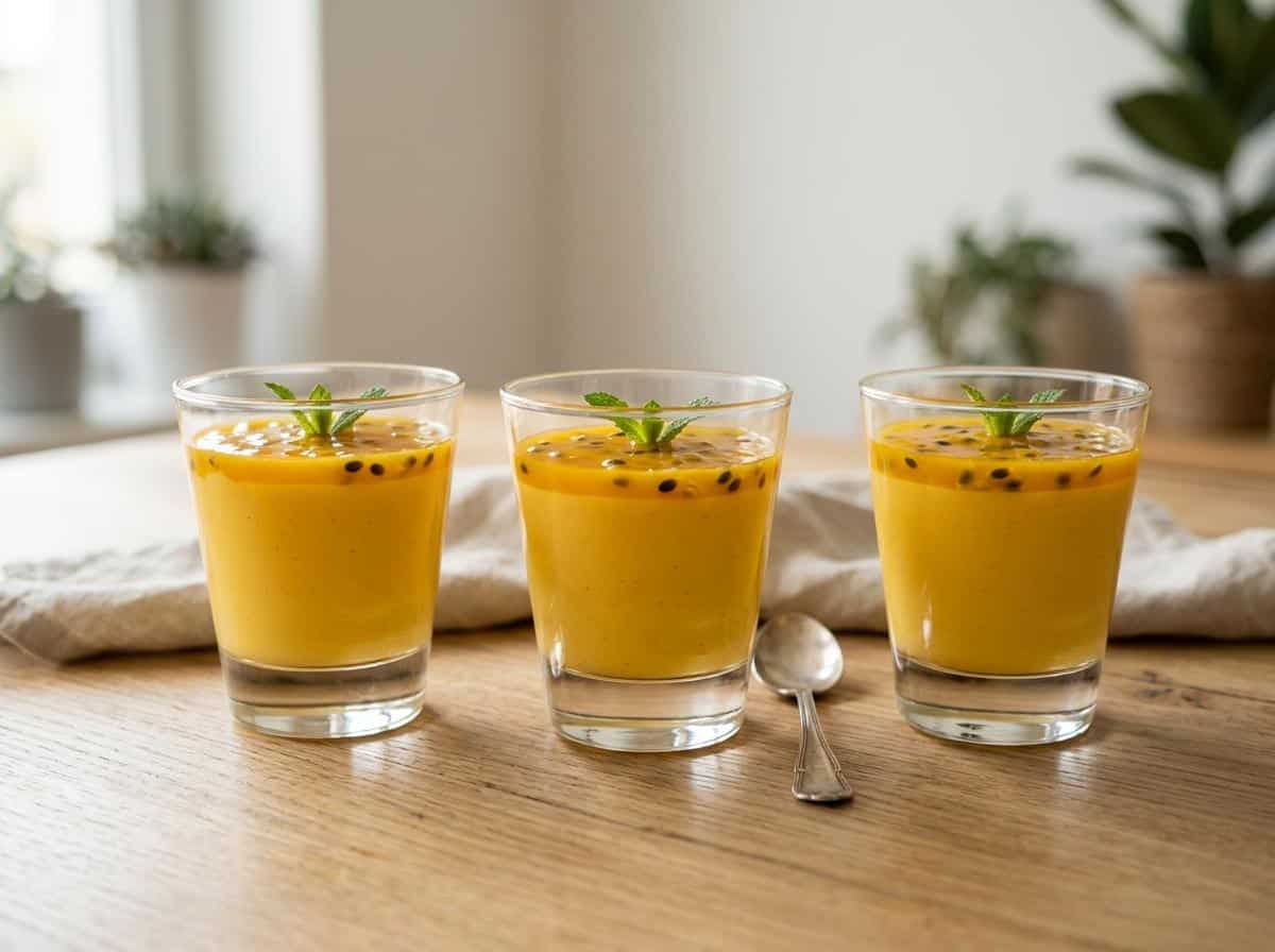 Verrines au fruit de la passion sur table en bois
