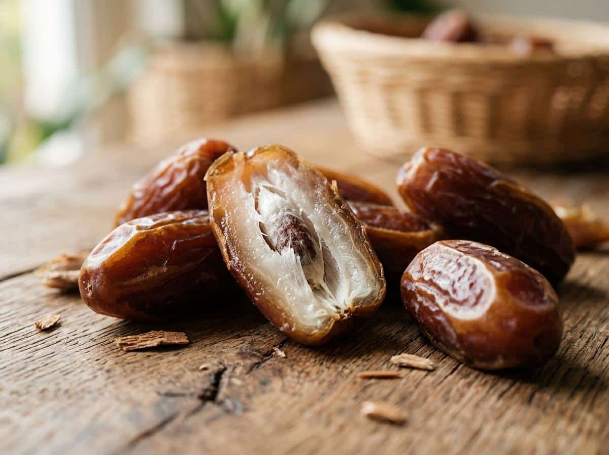 Dattes zatte blanches et molles sur bois naturel