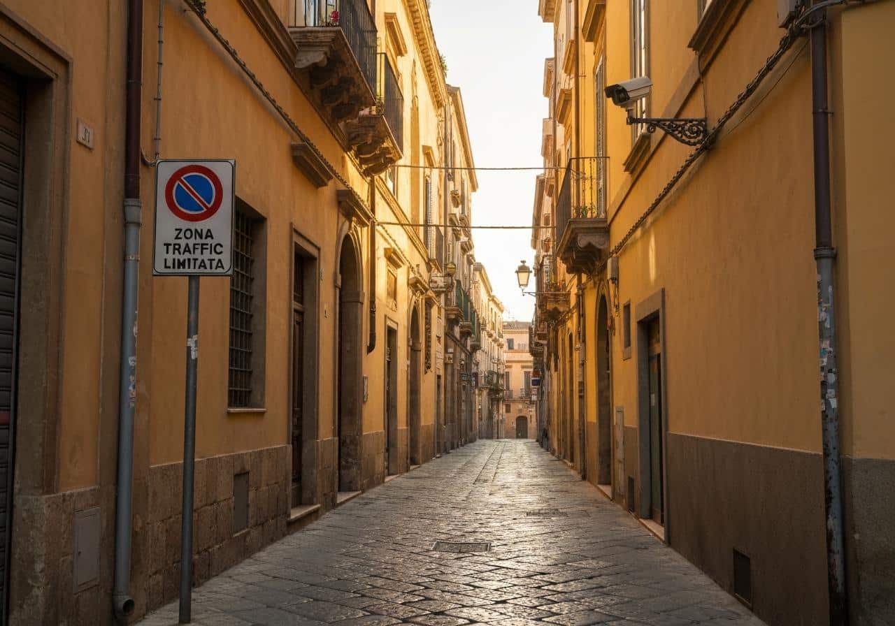 Rue étroite du centre historique de Palerme avec signalisation ZTL