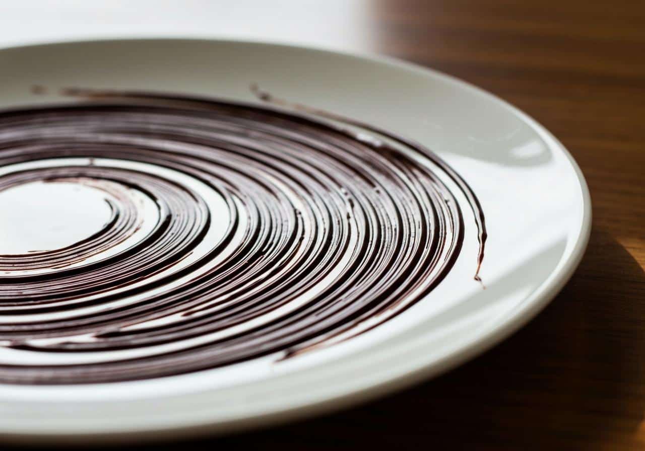 Traits de chocolat fondu sur assiette blanche avec pinceau