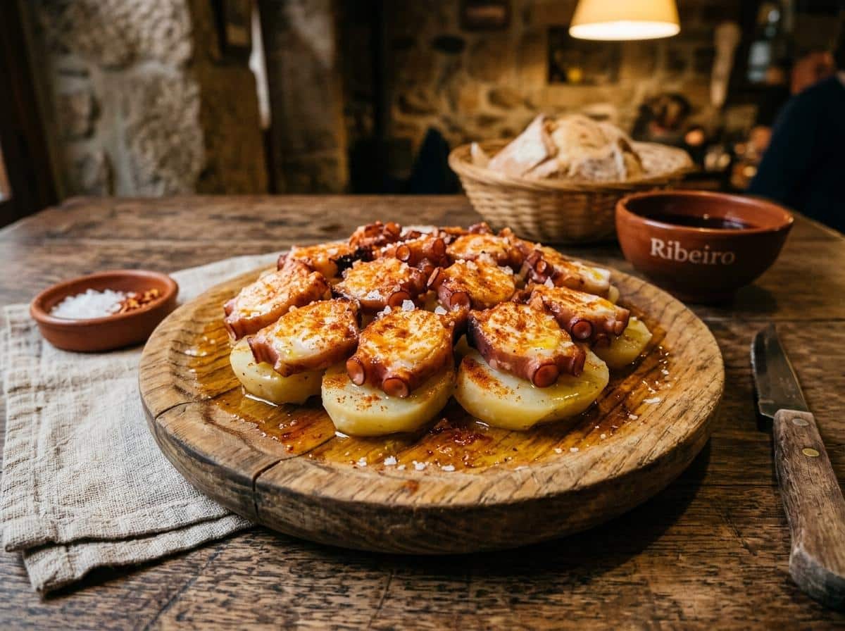 Poulpe galicien servi sur planche en bois avec paprika