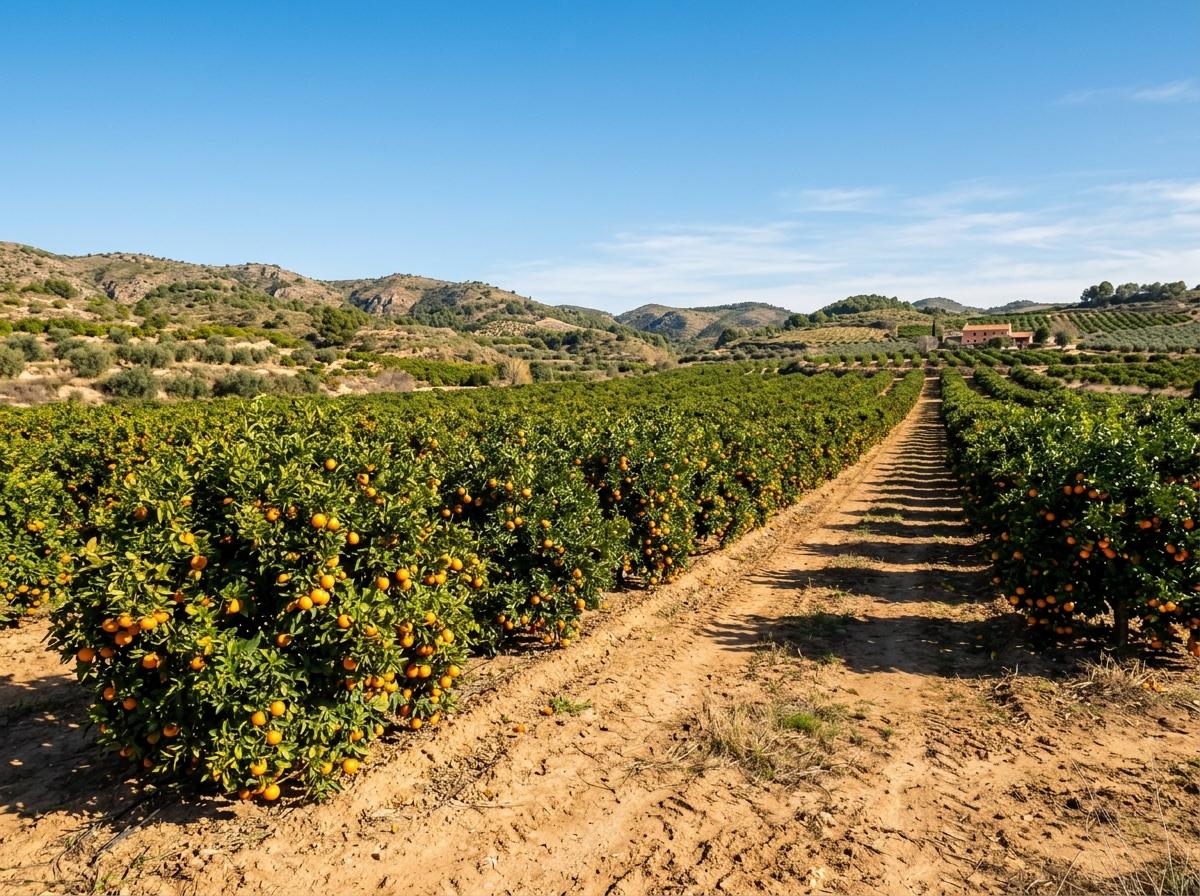 Orangeraie espagnole avec rangées d'orangers chargés de fruits