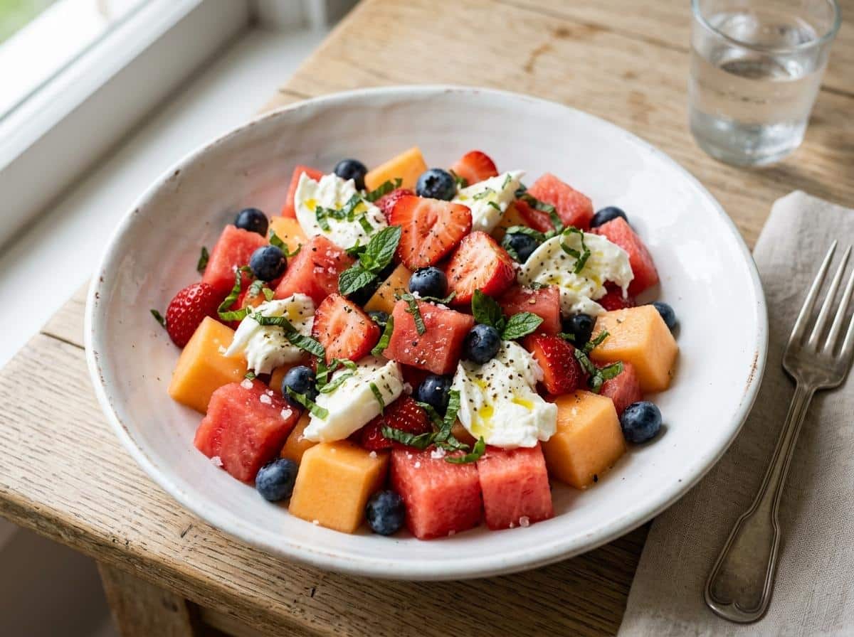 Salade de fruits et mozzarella dressée dans une assiette