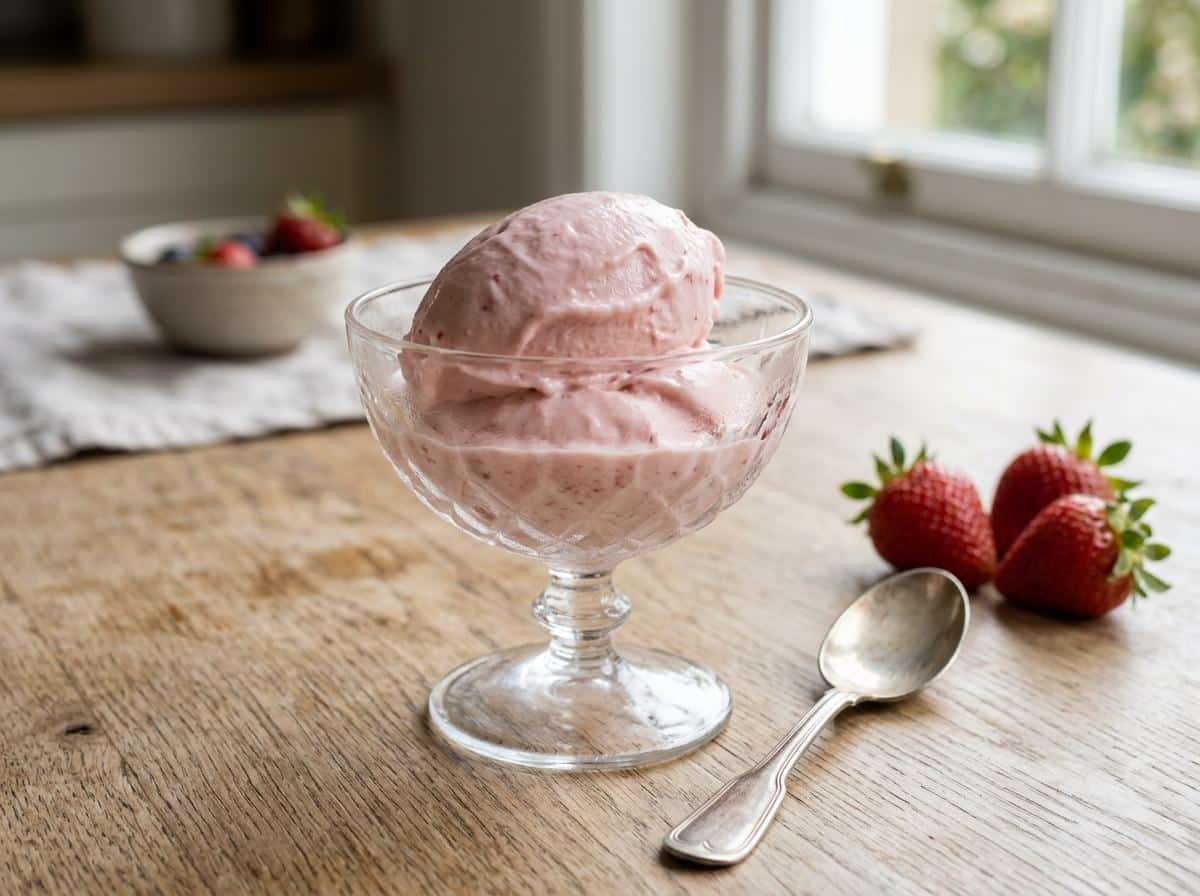 Coupe de crème glacée aux fraises rose pâle