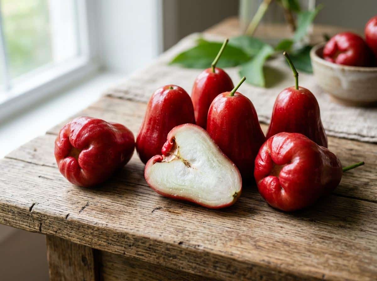 Pommes d'eau rouges en forme de cloche sur une table